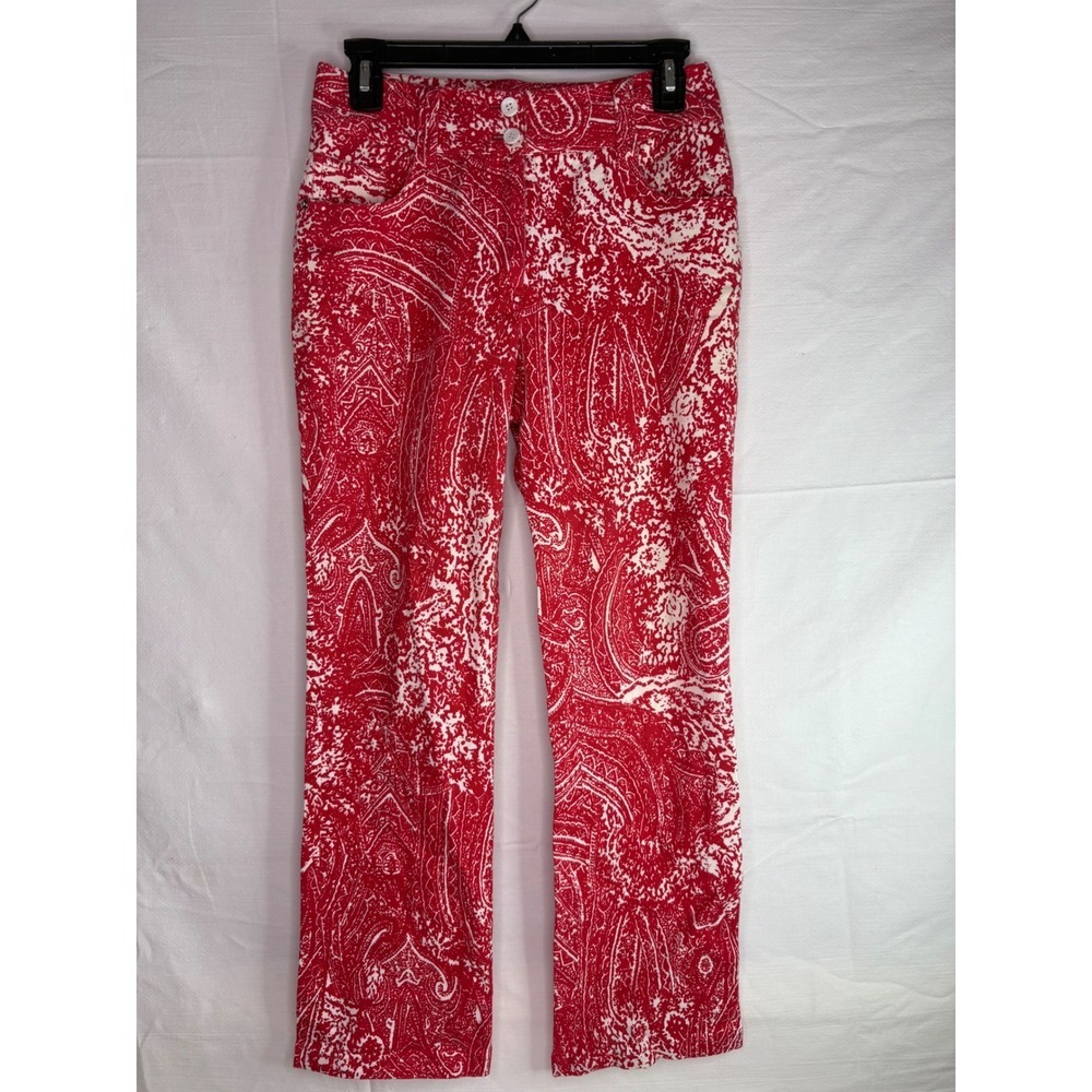 Etcetera Red White Paisley Print Straight Leg Pants Size 0 Stretch Cotton